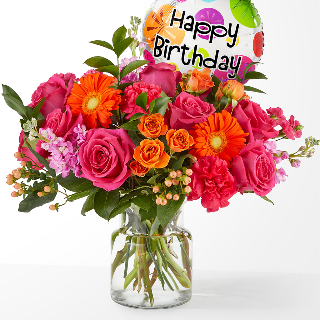 Fiesta Bouquet with Birthday Balloon – Gerbes, Wichita KS
