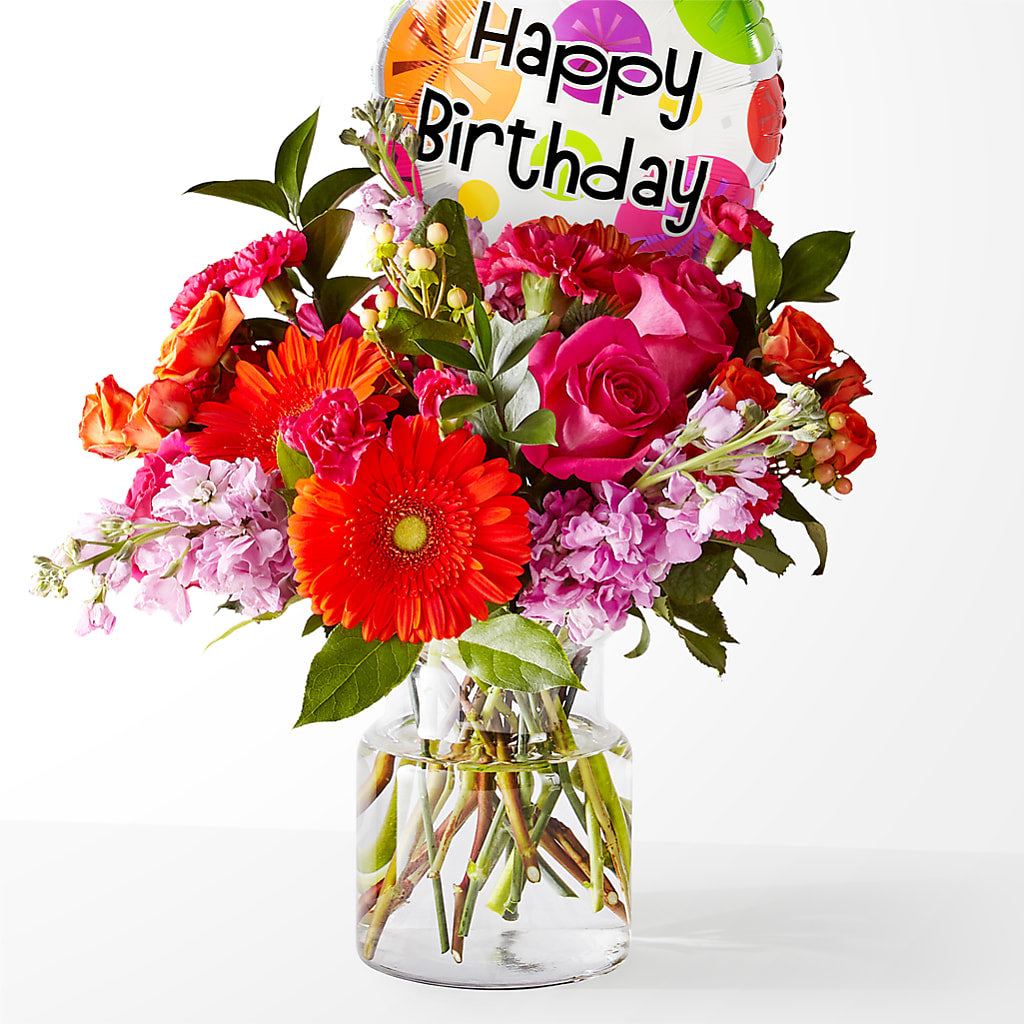Fiesta Bouquet with Birthday Balloon – Gerbes, Wichita KS