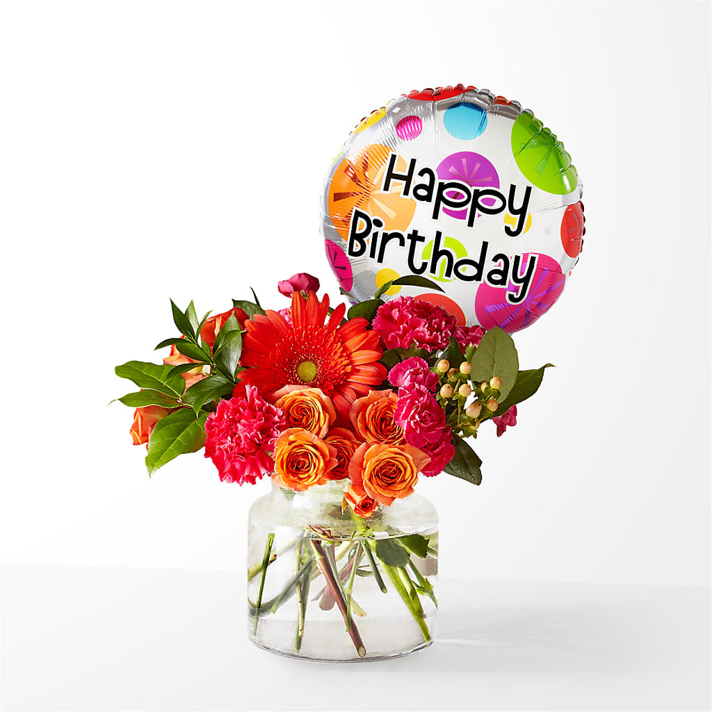 Fiesta Bouquet with Birthday Balloon – Gerbes, Wichita KS