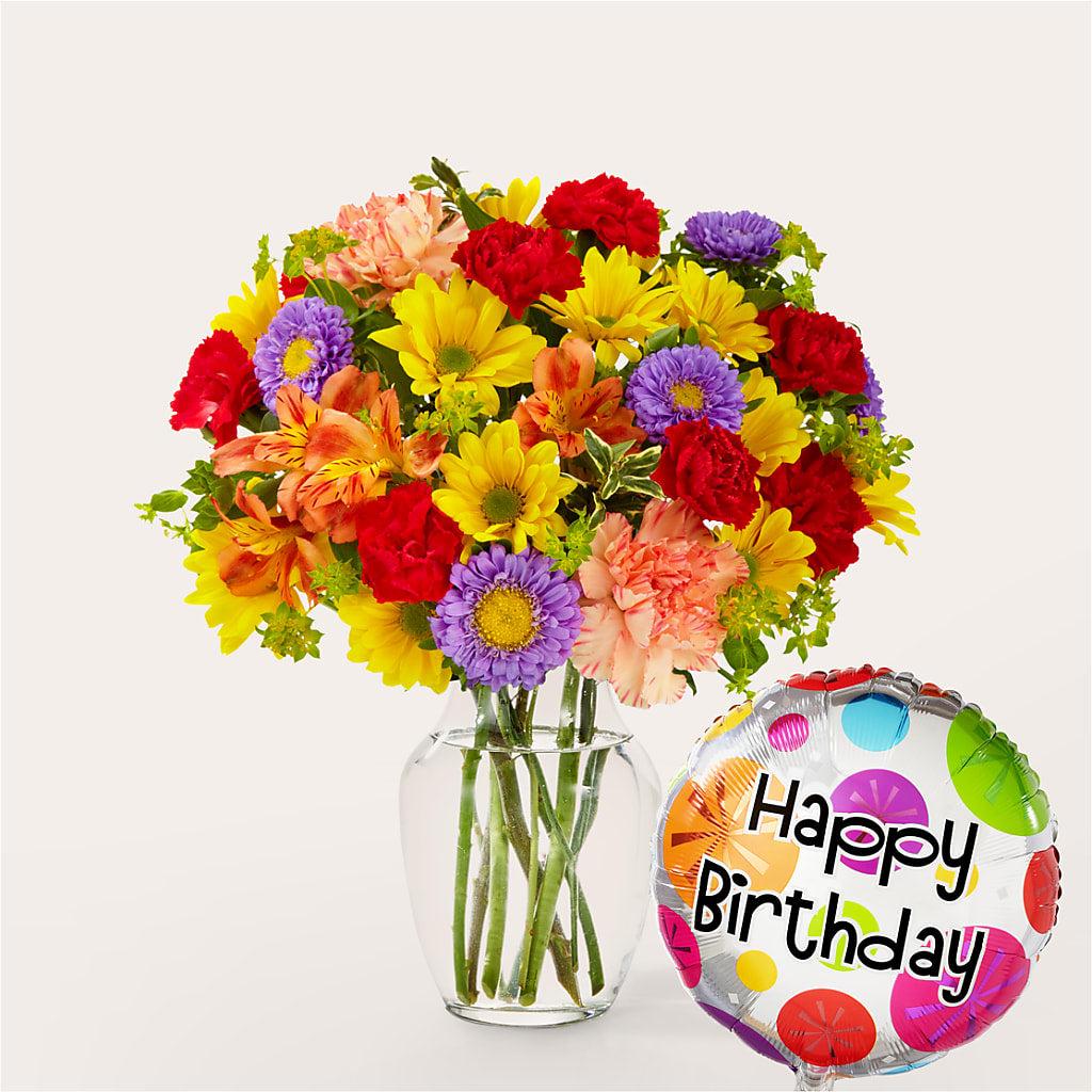 Kaleidoscope Bouquet with Birthday Balloon – Gerbes, Wichita KS