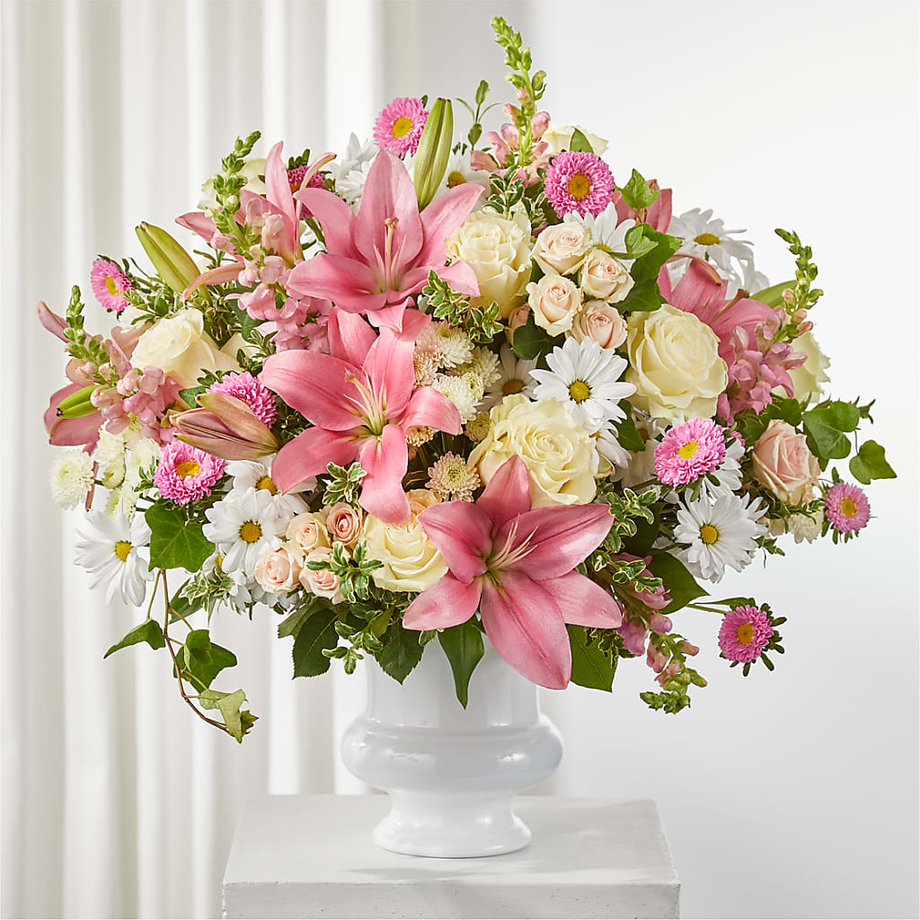 Empathetic Blooms Urn Arrangement – Gerbes, Wichita KS