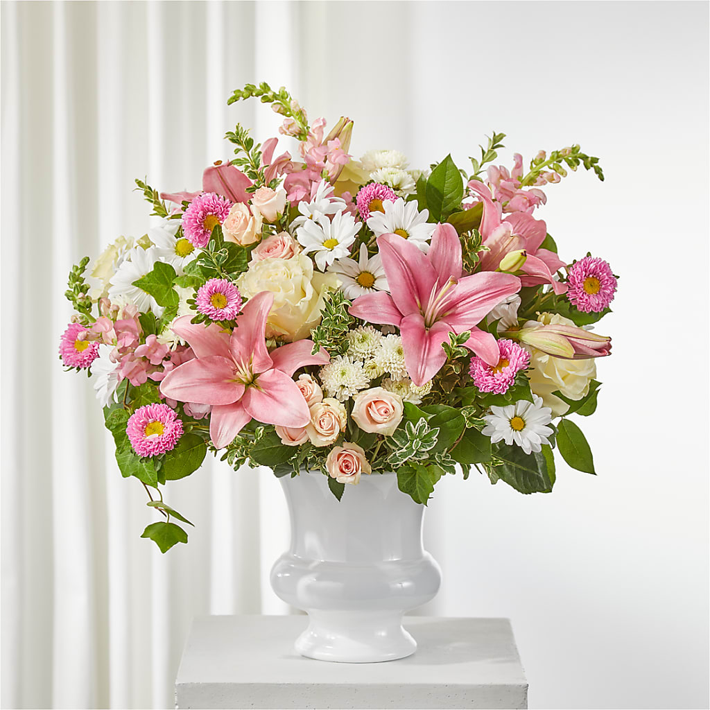 Empathetic Blooms Urn Arrangement – Gerbes, Wichita KS