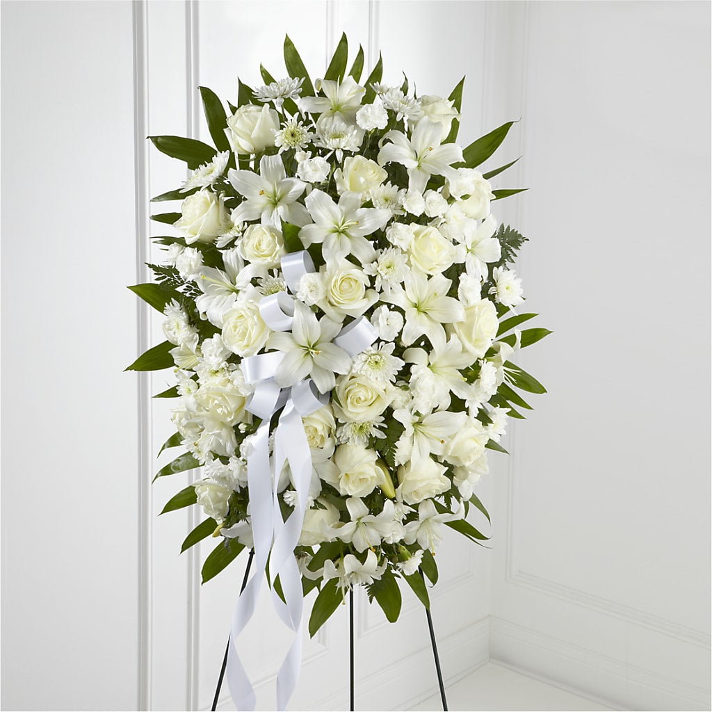 Exquisite Tribute Standing Spray-White Ribbon – Gerbes, Wichita KS