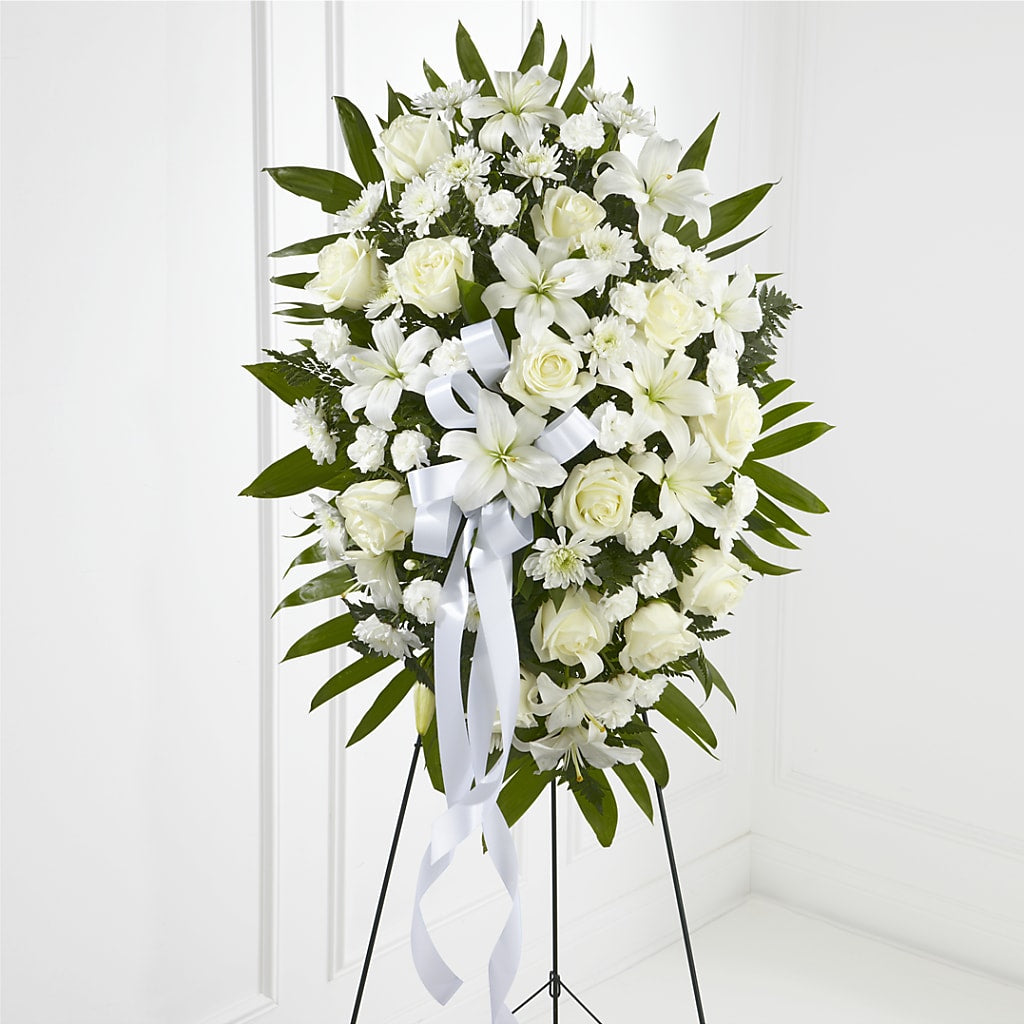 Exquisite Tribute Standing Spray-White Ribbon – Gerbes, Wichita KS